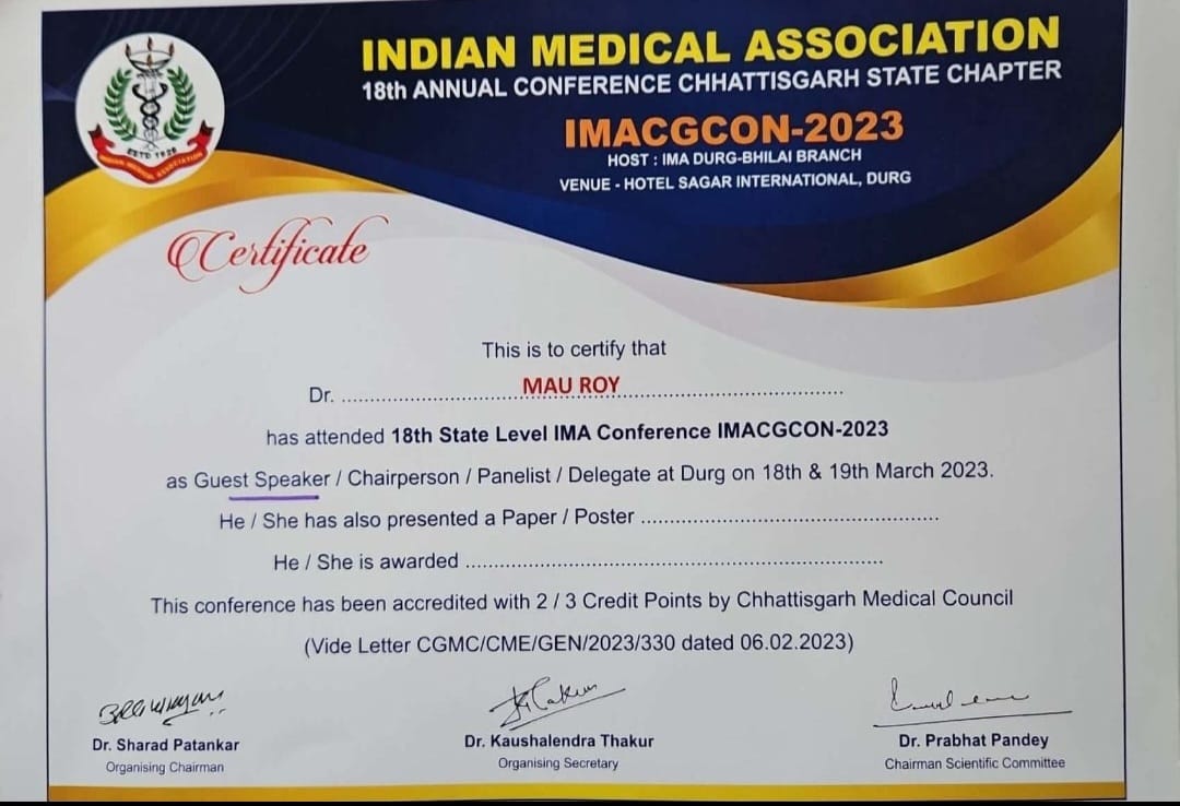 Certificate of participation as Guest Speaker at the 18th Annual IMA Conference, Chhattisgarh State Chapter (IMACGCON-2023)