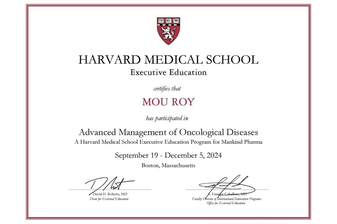 Received a certificate of participation in the Advanced Management of Oncological Diseases program by Harvard Medical School
