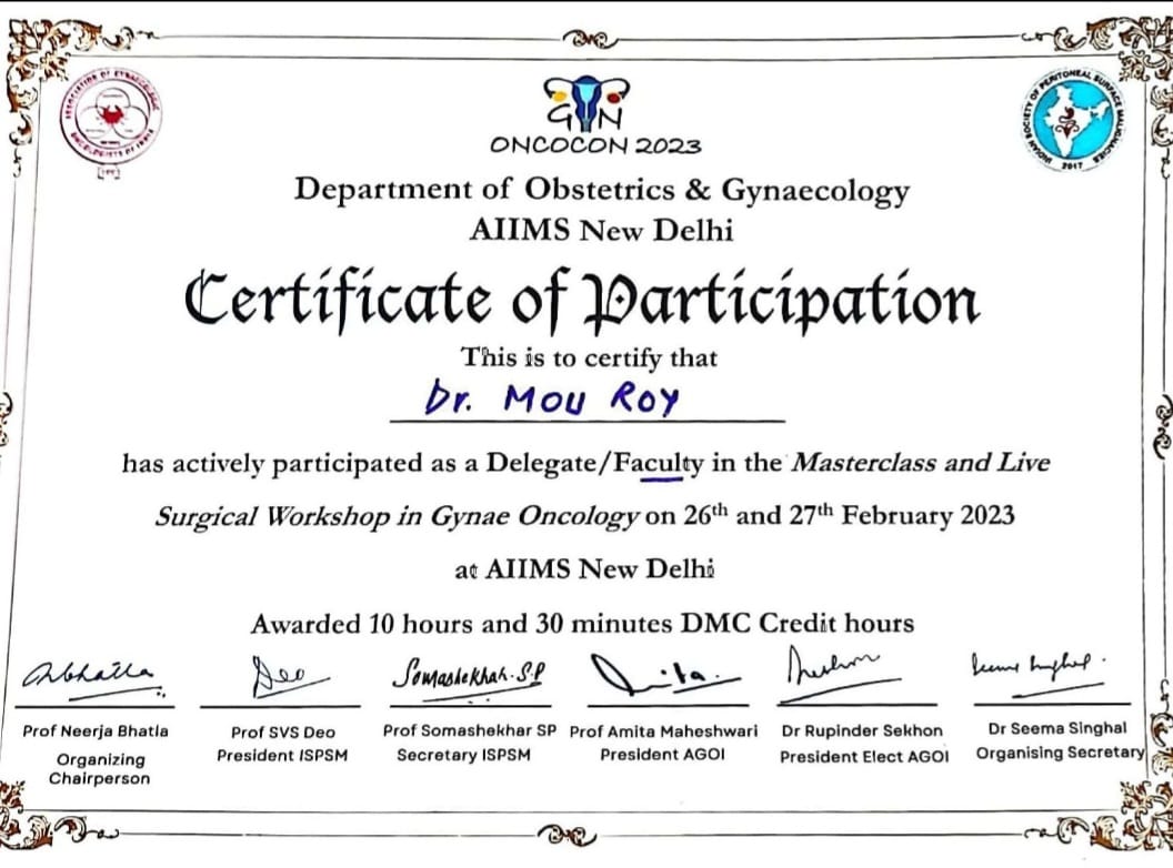 Certificate of participation as Faculty in the Masterclass and Live Surgical Workshop on Gynae Oncology, ONCOCON 2023 at AIIMS New Delhi