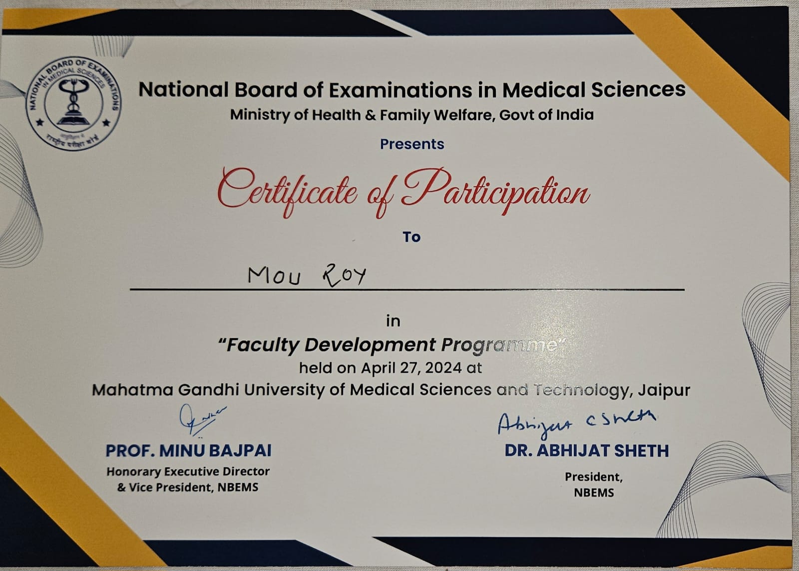 Completed faculty training at MGM University Jaipur for the DrNB academic programme